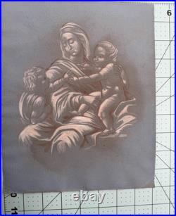 Antique Madonna & Child Religious Devotional drawing European blue paper