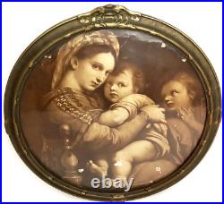 Antique Madonna Della Seggiola Raphael Round Framed Religious Art Print