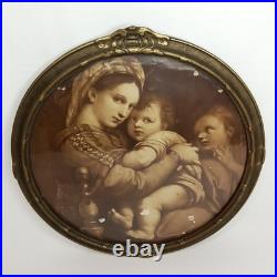 Antique Madonna Della Seggiola Raphael Round Framed Religious Art Print
