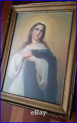 Antique Madonna Oil Painting on Canvas 19th Century