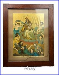 Antique Madonna of Carmen Religious Lithograph No. 118 Framed 16x11 20thC