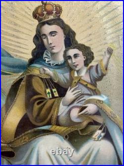 Antique Madonna of Carmen Religious Lithograph No. 118 Framed 16x11 20thC