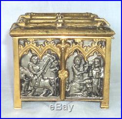 Antique Marked Bs Figural Religious Scenes Gothic Bronze Relief Jewelry Box Key