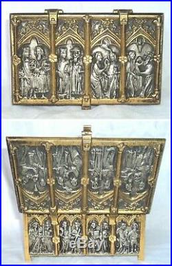Antique Marked Bs Figural Religious Scenes Gothic Bronze Relief Jewelry Box Key