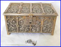 Antique Marked Kw Figural Religious Scenes Gothic Bronze Relief Jewelry Box Key
