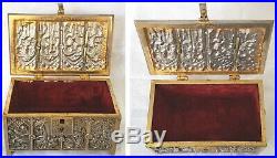 Antique Marked Kw Figural Religious Scenes Gothic Bronze Relief Jewelry Box Key