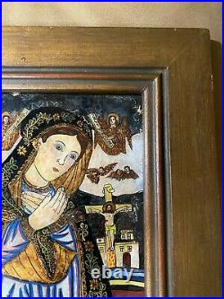 Antique Mary And Crucifixion Scene Reverse Oil On Glass Painting Framed