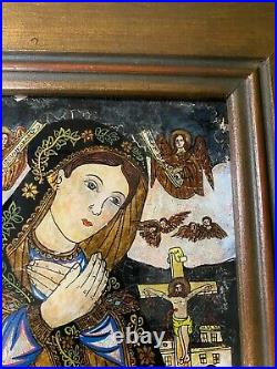Antique Mary And Crucifixion Scene Reverse Oil On Glass Painting Framed