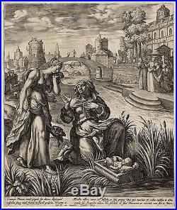 Antique Master Print-MOSES-BASKET-PHARAO-NILE-Sadeler workshop-De Vos-ca. 1582