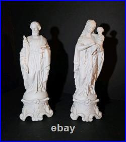 Antique Mauger et Fils French Bisque Porcelain Statues Mary Joseph Pair IHS AM
