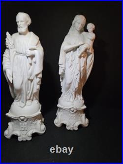 Antique Mauger et Fils French Bisque Porcelain Statues Mary Joseph Pair IHS AM