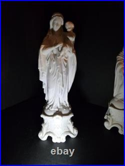 Antique Mauger et Fils French Bisque Porcelain Statues Mary Joseph Pair IHS AM