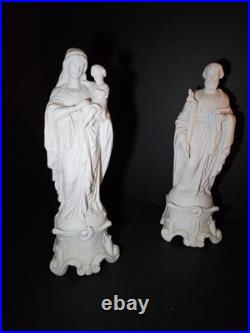 Antique Mauger et Fils French Bisque Porcelain Statues Mary Joseph Pair IHS AM