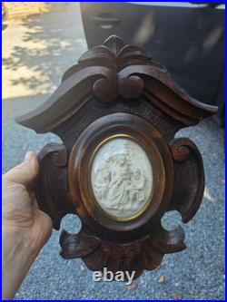 Antique Meerschaum Adoration sheperds bas relief glass wood religious frame