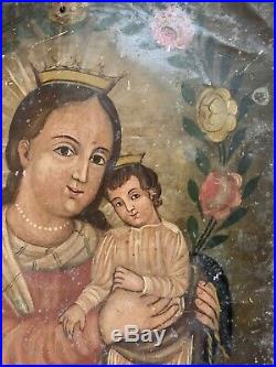 Antique Mexican Retablo Madonna & Child Oil On Tin Late 1800s / Early 19th C