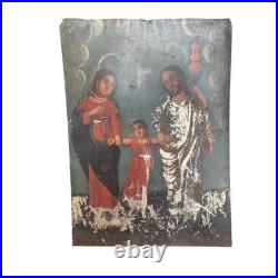 Antique Mexican Retablo Tin Painting Holy Family Religious Folk Art Devotional