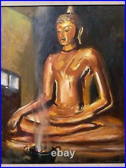 Antique Mid Century Modern Asian Thai Cambodian Buddha Oil Painting, Signed
