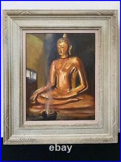 Antique Mid Century Modern Asian Thai Cambodian Buddha Oil Painting, Signed
