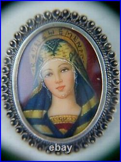 Antique Miniature Painting Religious Brooch Pendant Silver 800