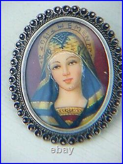 Antique Miniature Painting Religious Brooch Pendant Silver 800