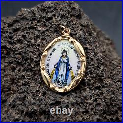 Antique Miraculous Medal 14k Yellow Gold Virgin Mary Porcelain Pendant Religious