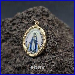 Antique Miraculous Medal 14k Yellow Gold Virgin Mary Porcelain Pendant Religious