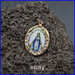 Antique Miraculous Medal 14k Yellow Gold Virgin Mary Porcelain Pendant Religious