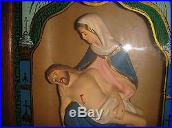 Antique Mother Mary & Jesus Shadowbox Religious Shrine-Wood & Glass-Front Opens