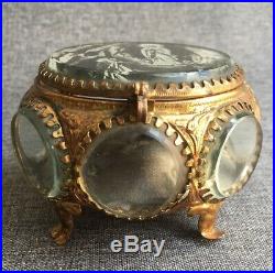Antique Napoleon III french jewelry box brass repousse 19th century religious