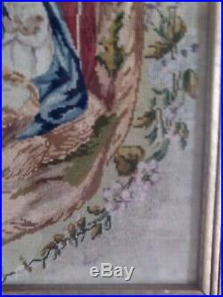 Antique Needlepoint Tapestry Religious Holy Family Nativity Scene Framed 26x21
