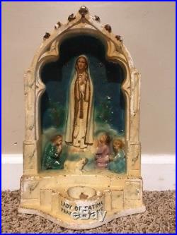 Antique OUR LADY OF FATIMA STATUE Altar Candle Holder Bless Religious Chalkware
