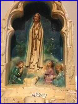Antique OUR LADY OF FATIMA STATUE Altar Candle Holder Bless Religious Chalkware