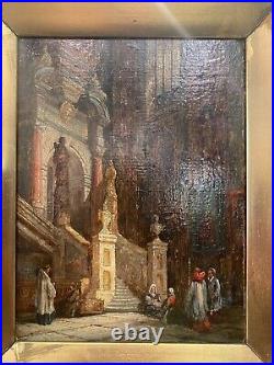 Antique Oil Canvas Painting Church Interior 19th Century in Antique Gilt Frame
