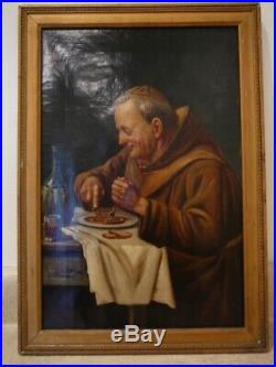 Antique Oil On Canvas O/c Monk Wine Food Religious Monastery Signed G. Rinaldi