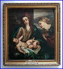 Antique Oil Painting Holy Family Mary and Jesus with Angel Religious Art Signed
