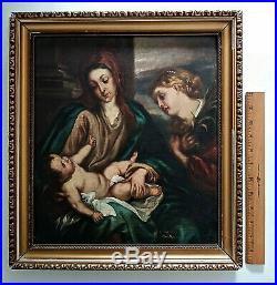 Antique Oil Painting Holy Family Mary and Jesus with Angel Religious Art Signed