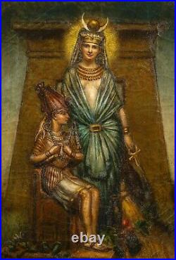 Antique Oil Painting Isis And Pharoah Figural Scene Egyptian Revival