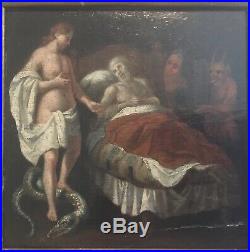 Antique Oil Painting Jesus Ten Commandments Man on Death Bed Devils Religious JC