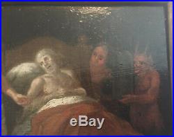 Antique Oil Painting Jesus Ten Commandments Man on Death Bed Devils Religious JC
