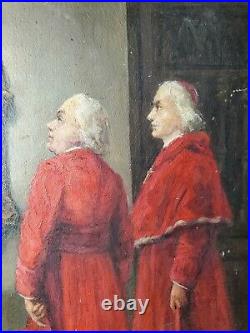 Antique Oil Painting on Wood Board of Two Religious Cardinals Signed by Artist
