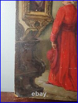 Antique Oil Painting on Wood Board of Two Religious Cardinals Signed by Artist