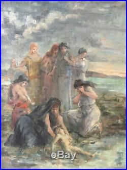 Antique Oil painting 19thC FRENCH IMPRESSIONISM Moses saved from the waters