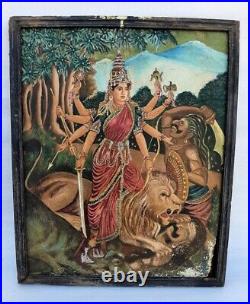 Antique Old Artist Hand Goddess Ambey Sherawali Mata Worship Painting On Board