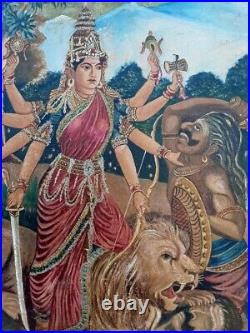 Antique Old Artist Hand Goddess Ambey Sherawali Mata Worship Painting On Board