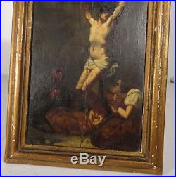 Antique Old Master Oil Panel Jesus Christ Crucifixion Family Crest Renaissance