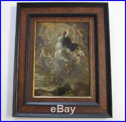 Antique Old Master Painting Madonna Angels Heaven Religious Icon On Metal Signed