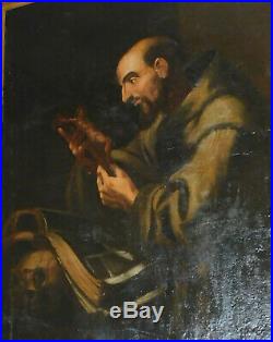 Antique Old Master Painting St. Francis Asissi 18th Century Italian Hermit Skull
