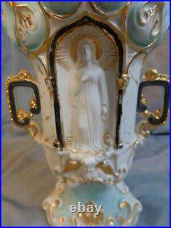 Antique Old Paris Porcelain Handled Vase Jesus Centered & Angel Below8 3/4
