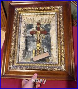 Antique Old Religious Crucifix Cross Crucifixion Framed Shadow Box Christian Art