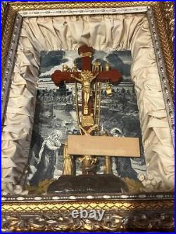 Antique Old Religious Crucifix Cross Crucifixion Framed Shadow Box Christian Art